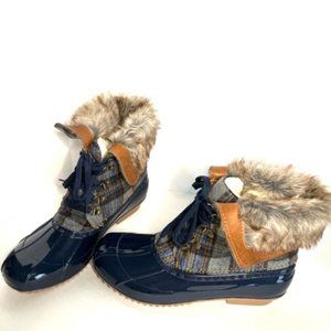 JustFab Ghita Rain Winter NEW Women's Booties, Blue and Plaid Pattern, Size 12